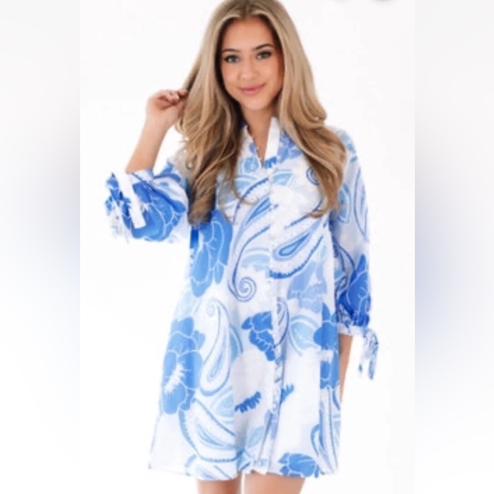 J.Marie Collection The Delayney Tie Sleeve Dress Sz Small Blue/White